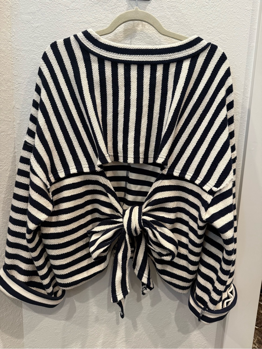 Free People Navy and Cream Striped Off-the-Shoulder Tie-Back Sweater